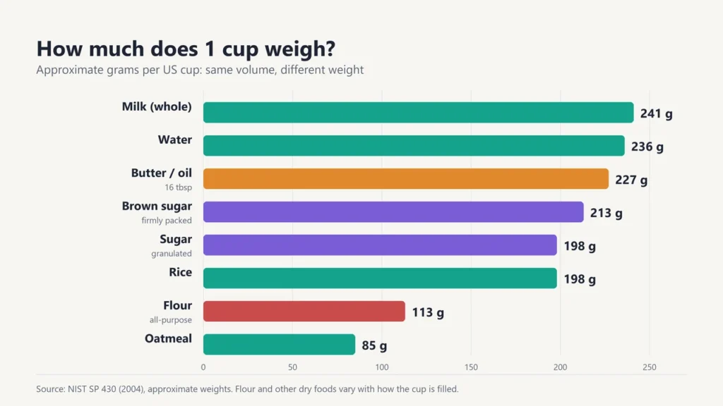 Bar chart of the approximate weight of one US cup: milk 241 g, water 236 g, butter 227 g, brown sugar 213 g, sugar 198 g, rice 198 g, flour 113 g and oatmeal 85 g