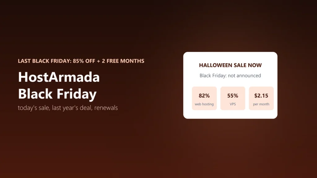 Illustration of a Halloween sale card: 82% off web hosting, 55% off VPS, $2.15 per month, with Black Friday not announced