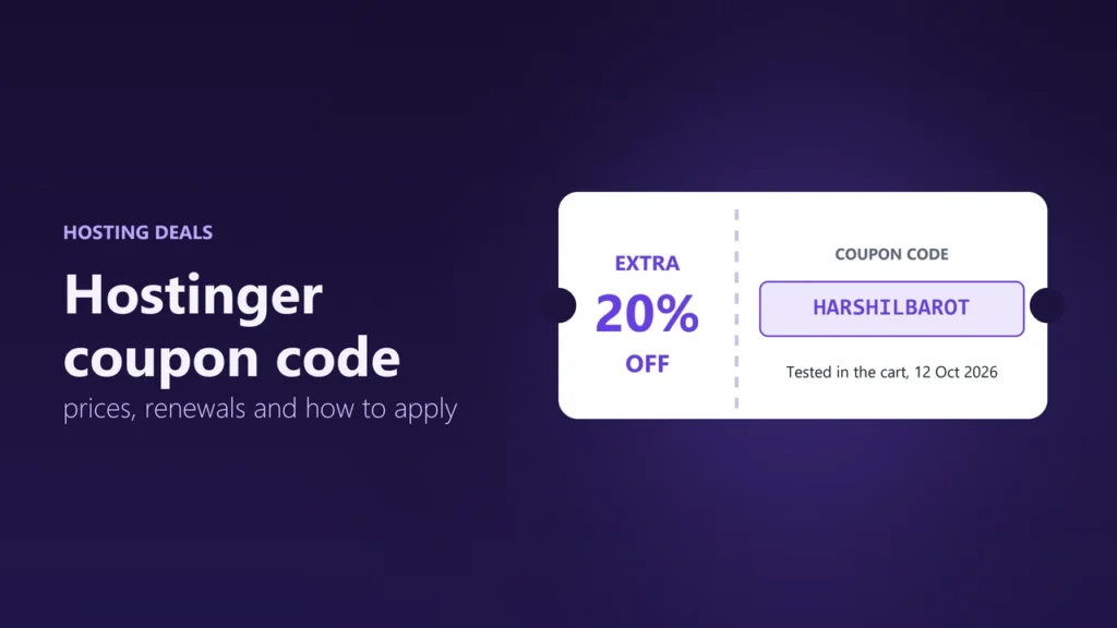 Coupon ticket showing the Hostinger coupon code HARSHILBAROT for an extra 20 percent off