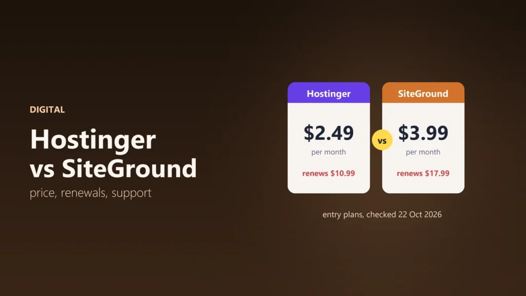 Hostinger vs SiteGround graphic comparing entry plan prices: Hostinger $2.49 a month renewing at $10.99 and SiteGround $3.99 a month renewing at $17.99