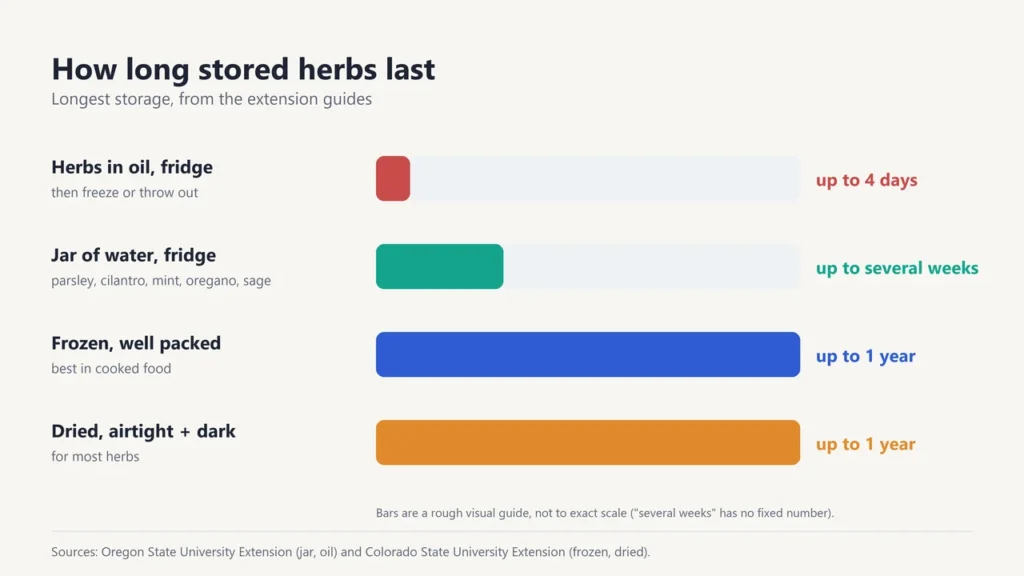 Chart of storage times: herbs in oil in the fridge up to 4 days, jar of water in the fridge up to several weeks, frozen up to 1 year and dried up to 1 year