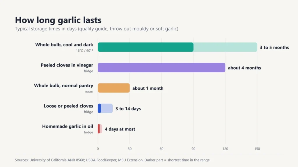 Chart of how long garlic lasts, from 3 to 5 months for whole bulbs to 4 days for homemade garlic in oil