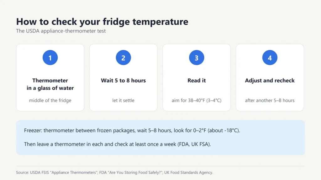 Four steps to check a fridge temperature with a thermometer in a glass of water, plus how to check a freezer