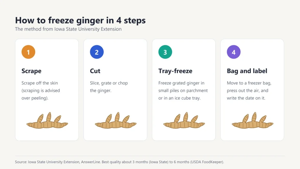 Four steps to freeze ginger: scrape, cut, tray-freeze and bag and label