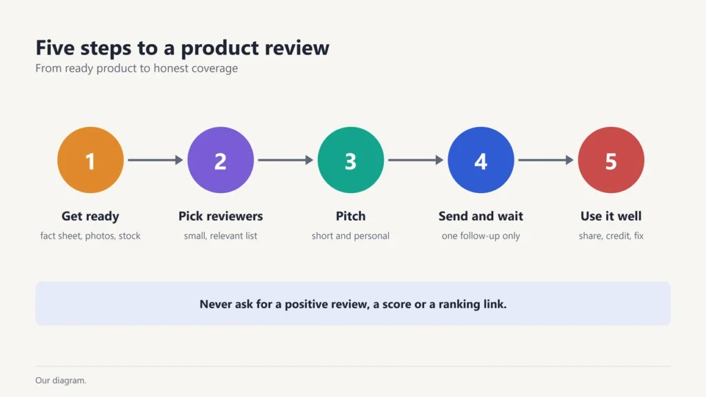 Five steps to a product review: get ready, pick reviewers, pitch, send and wait, use it well
