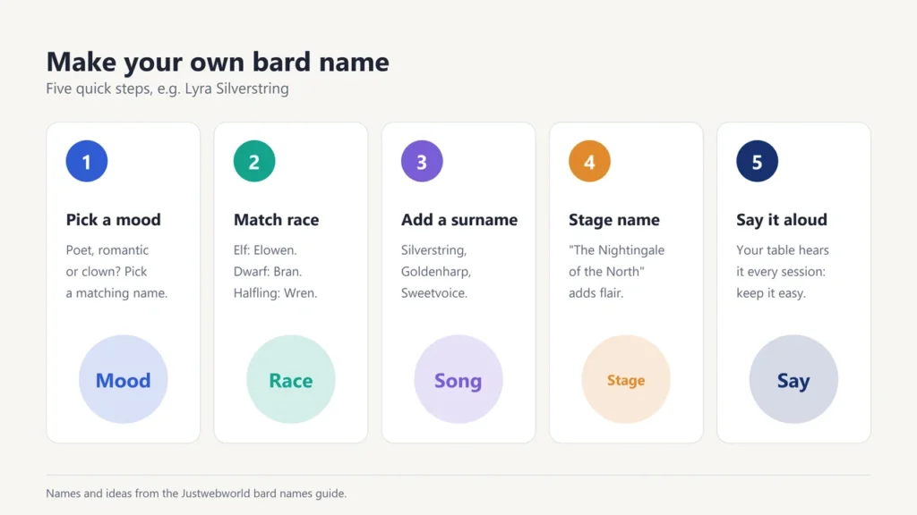 Five steps to make a bard name: pick a mood, match the race, add a surname, give a stage name and say it aloud