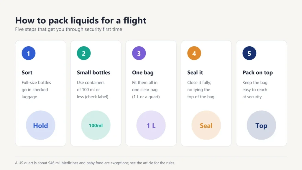 Five steps to pack liquids for a flight: sort, use small bottles, one clear bag, seal it, pack it on top