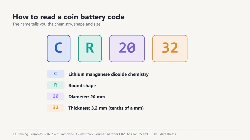 Coin battery code CR2032 broken down: C for lithium manganese dioxide, R for round, 20 for 20 mm diameter, 32 for 3.2 mm thickness