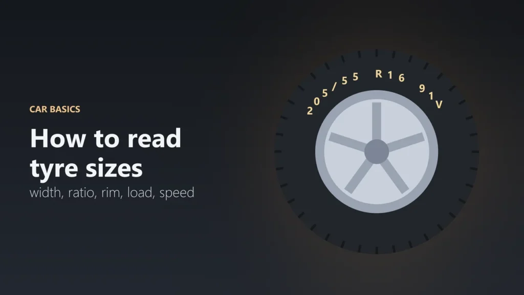 Illustration of a car tyre with the size 205/55 R16 91V printed on the sidewall