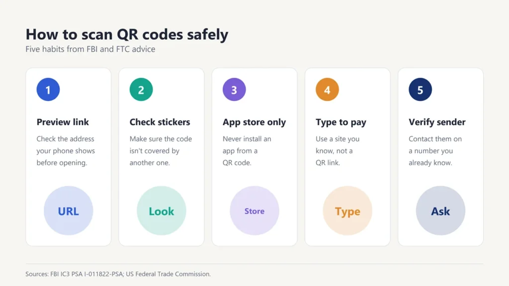 Five habits to scan QR codes safely: preview the link, check for stickers, use the app store, type to pay, verify the sender