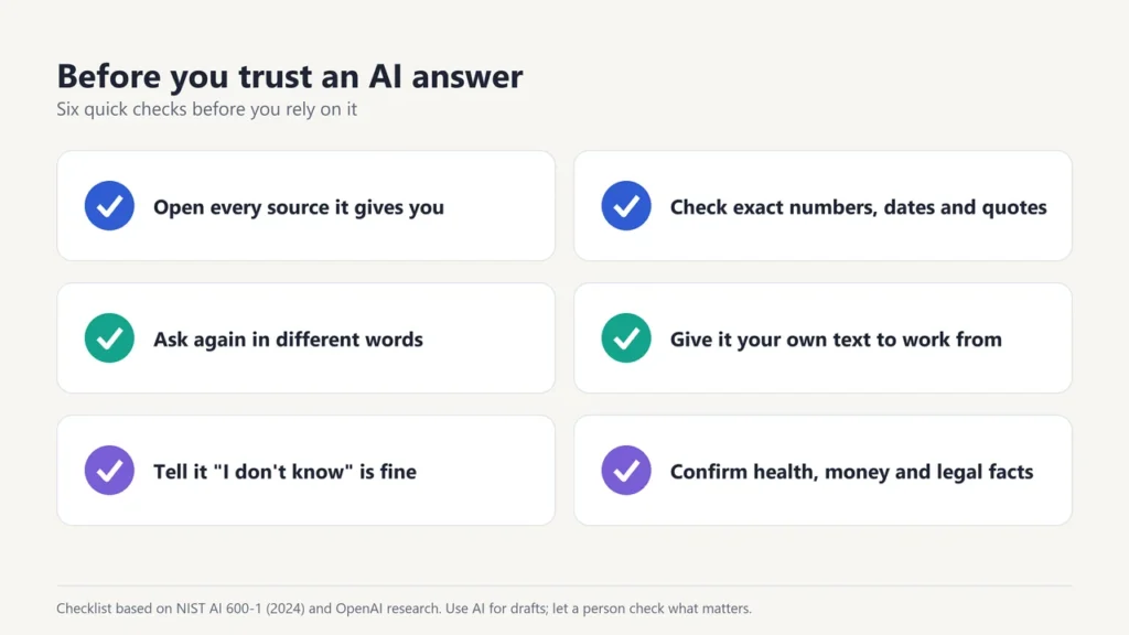 Checklist of six ways to check an AI answer before you rely on it