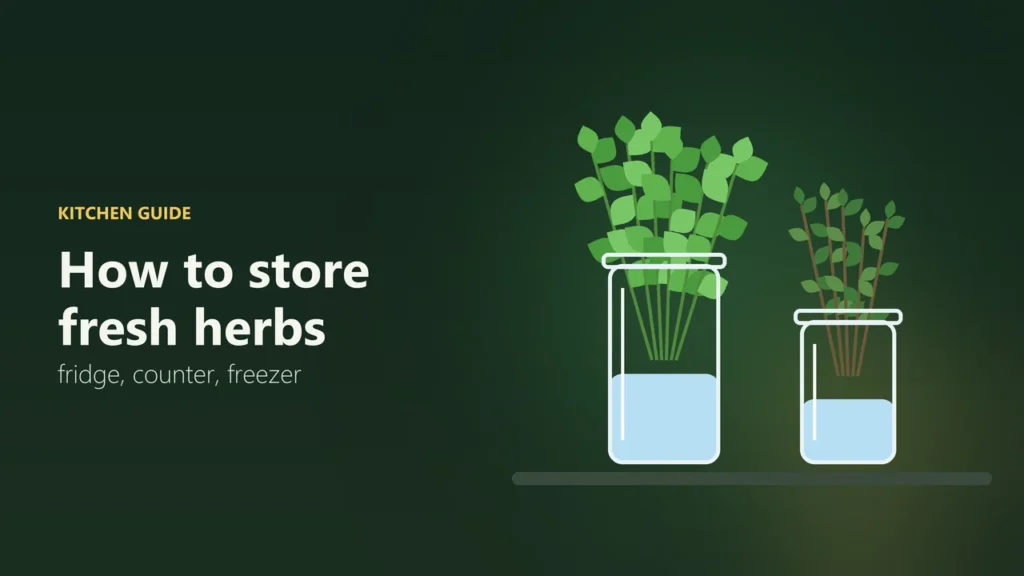 Illustration of two bunches of fresh herbs standing in glass jars of water on a shelf