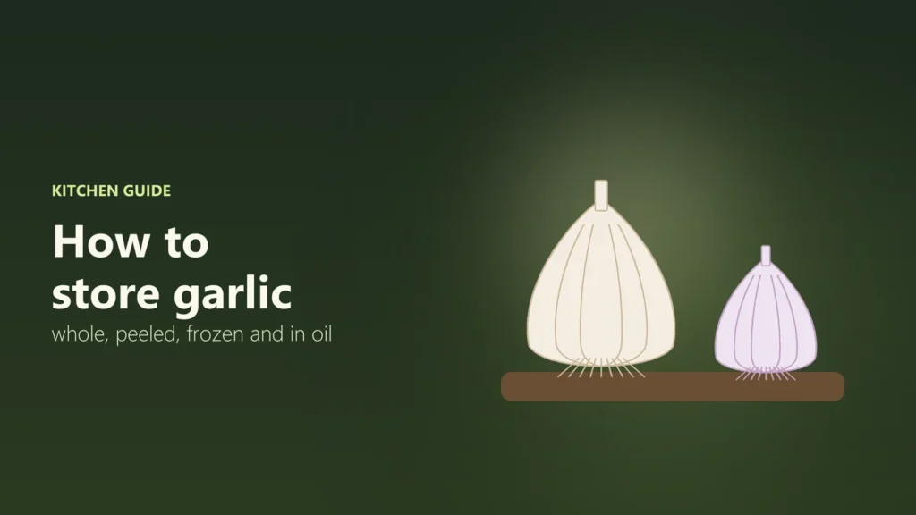 Illustration of two garlic bulbs on a wooden shelf