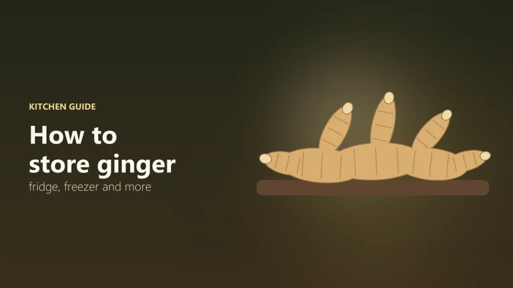 Illustration of a fresh ginger root with several fingers resting on a wooden shelf