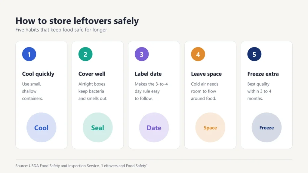 Five habits for storing leftovers: cool quickly, cover well, label the date, leave space, freeze extra