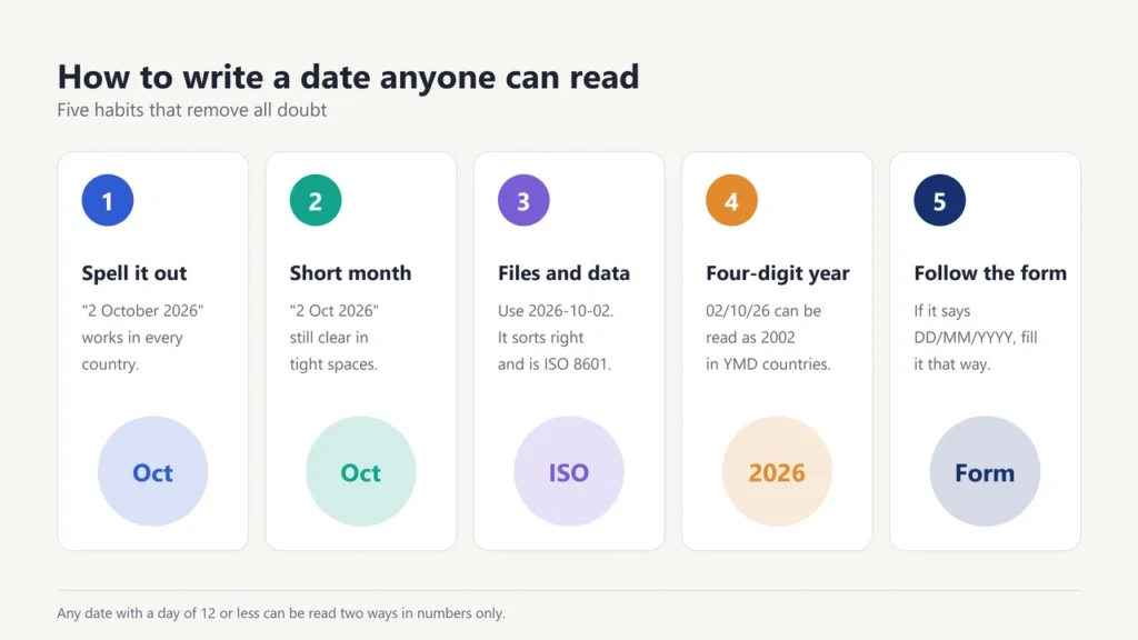 Five tips for writing unambiguous dates: spell out the month, use a short month name, use 2026-10-02 for files, use a four-digit year, follow the form