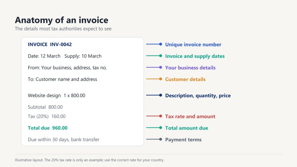 Anatomy of an invoice labelling the invoice number, dates, business and customer details, description, tax, total and payment terms