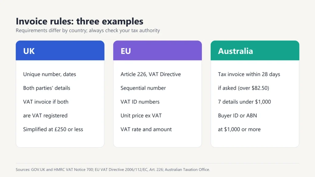 Invoice rules compared for the UK, the EU and Australia