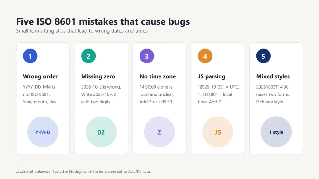 Five cards showing common ISO 8601 mistakes: wrong order, missing zero, no time zone, JavaScript parsing and mixed styles