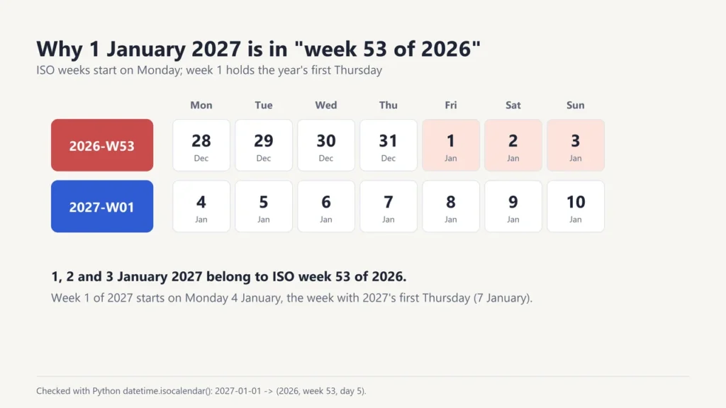 Calendar rows showing that 1, 2 and 3 January 2027 fall in ISO week 53 of 2026, and week 1 of 2027 starts on Monday 4 January