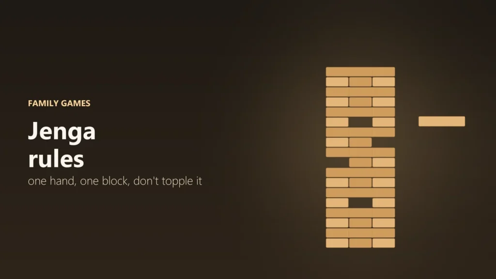 Illustration of a tall wooden block tower with a few blocks removed and one block beside it