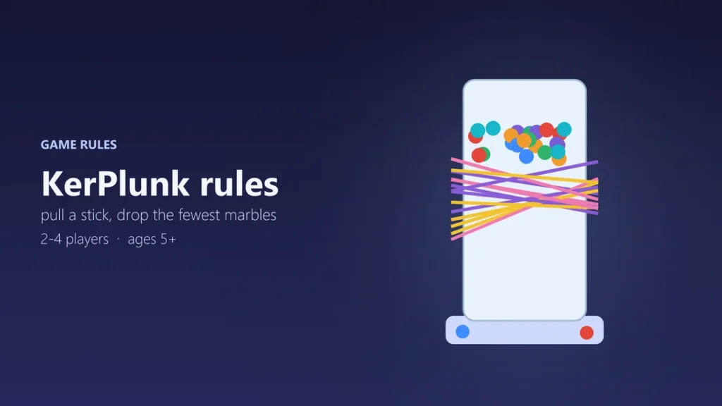 Illustration of a KerPlunk tube with colourful marbles resting on crisscrossed purple, yellow and pink sticks