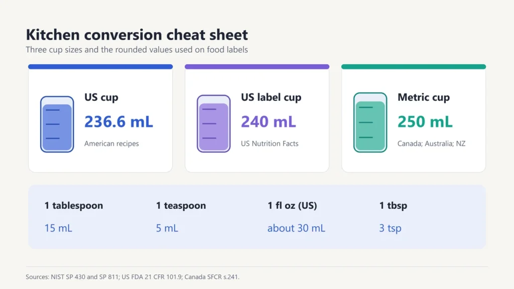 Cheat sheet comparing a 236.6 mL US cup, a 240 mL US label cup and a 250 mL metric cup, with 1 tablespoon 15 mL and 1 teaspoon 5 mL