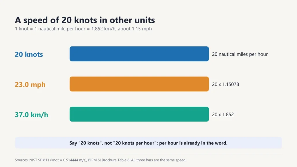 Three equal bars showing that a speed of 20 knots is the same as about 23.0 mph and 37.0 km/h