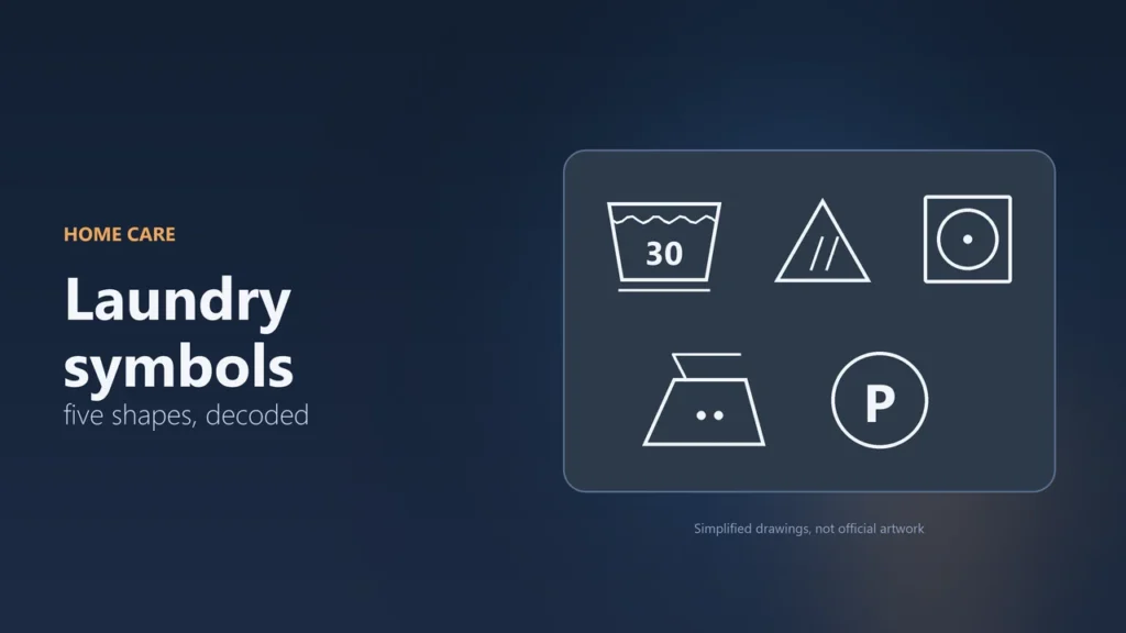 Simplified drawings of five laundry symbols: a wash tub with 30, a bleach triangle, a tumble dry square, an iron with two dots and a dry cleaning circle