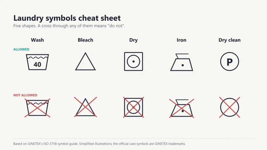 Cheat sheet of five laundry symbol shapes shown allowed and crossed out: wash, bleach, dry, iron and dry clean