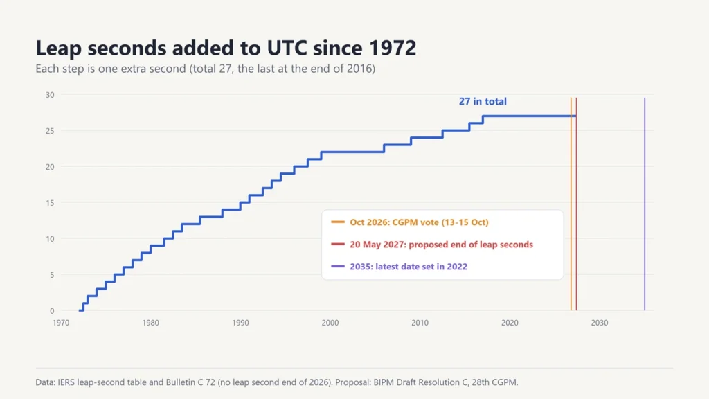 Step chart of the 27 leap seconds added to UTC from 1972 to 2016, with the October 2026 vote, the proposed May 2027 date and the 2035 deadline marked