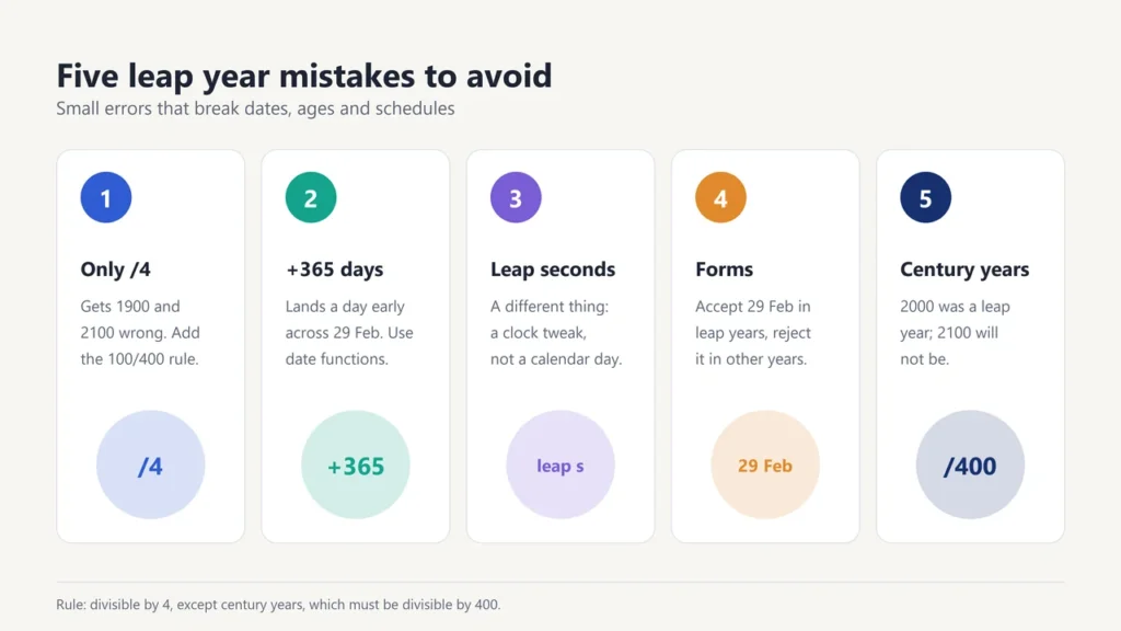 Five cards of common leap year mistakes: checking only divisible by 4, adding 365 days, confusing leap seconds, date forms and century years