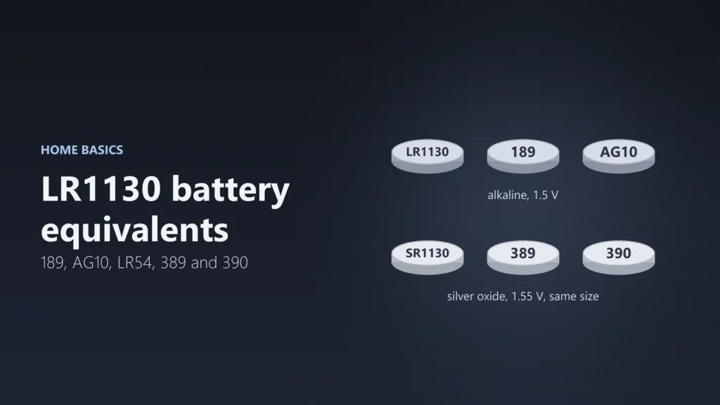 Illustration of six button batteries: LR1130, 189 and AG10 alkaline, and SR1130, 389 and 390 silver oxide