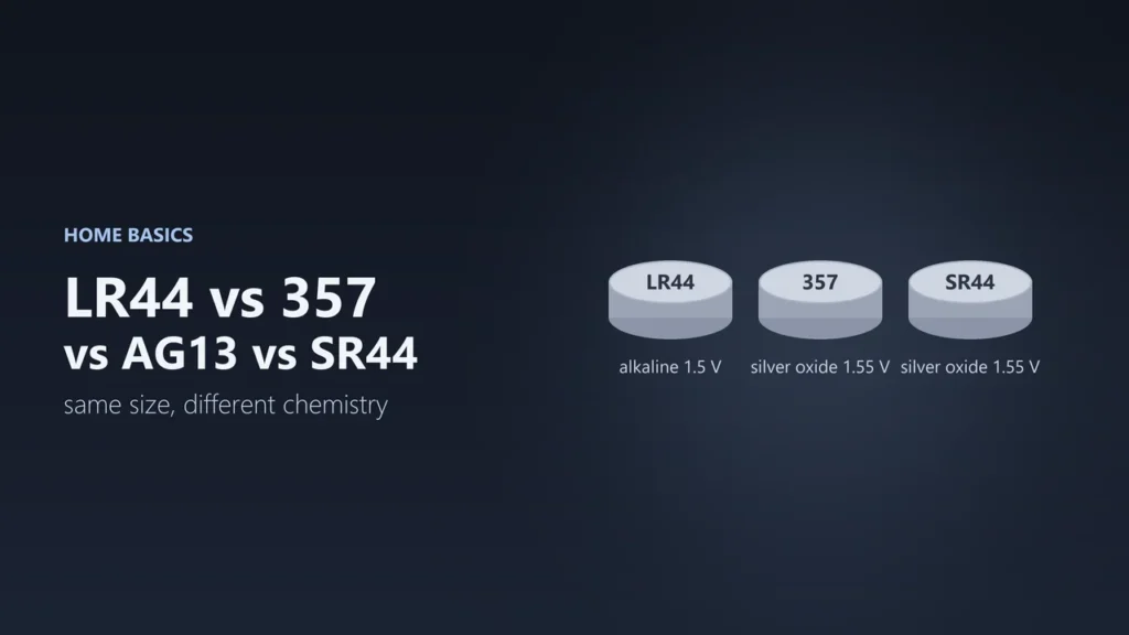 Illustration of three button batteries labelled LR44, 357 and SR44