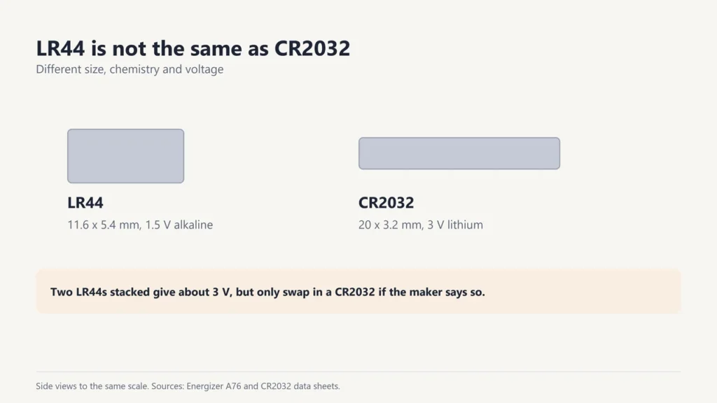 LR44 at 11.6 by 5.4 mm and 1.5 V compared with CR2032 at 20 by 3.2 mm and 3 V, drawn to the same scale