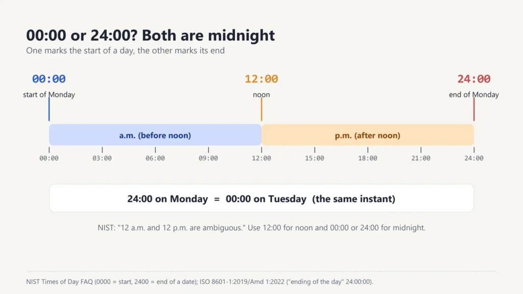 Day bar from 00:00 to 24:00 showing that 00:00 starts a day, 12:00 is noon and 24:00 ends it, the same instant as 00:00 the next day