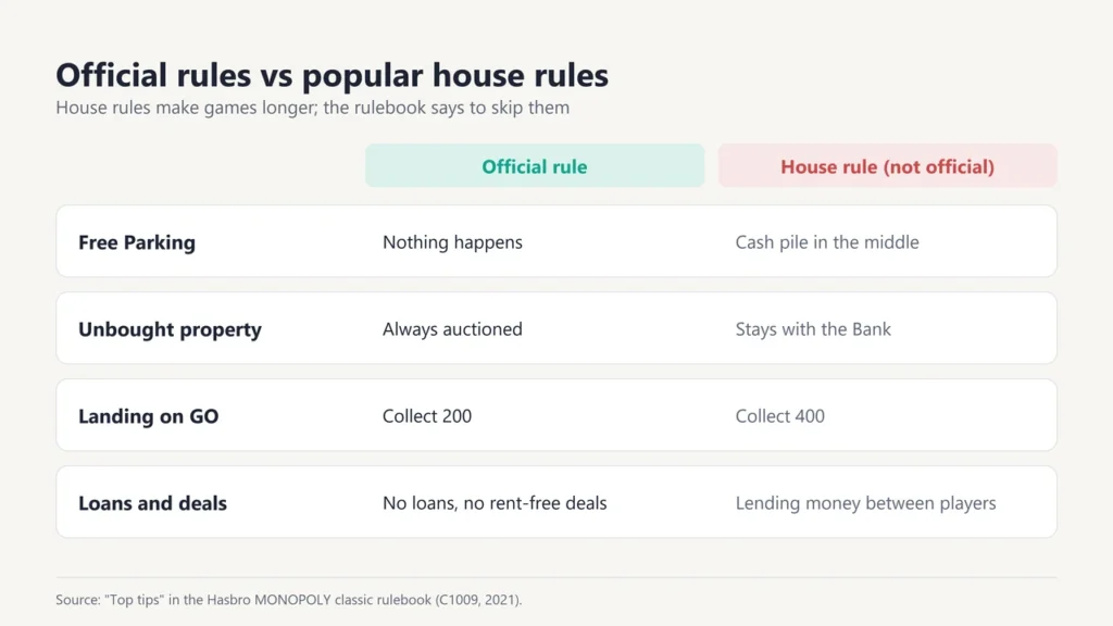 Table comparing official Monopoly rules with popular house rules for Free Parking, auctions, landing on GO and loans