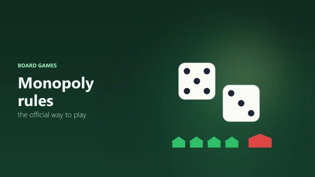 Two dice with four green houses and a red hotel on a green background