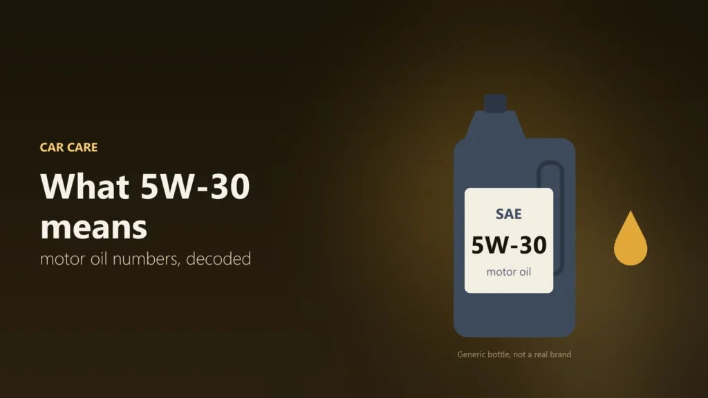 Illustration of a generic motor oil bottle labelled SAE 5W-30 next to an oil drop