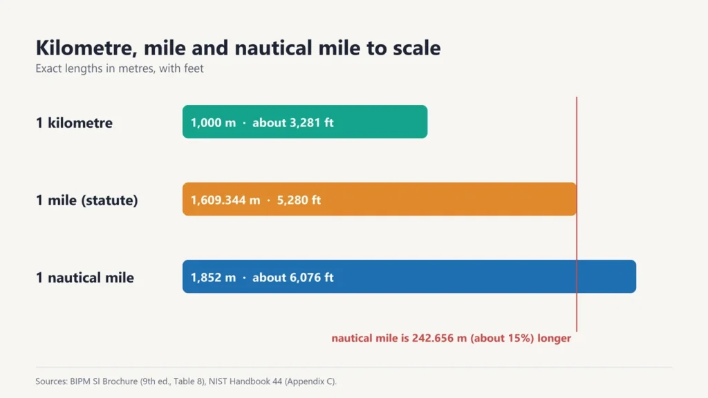 Bars to scale for 1 kilometre (1,000 m), 1 mile (1,609.344 m, 5,280 ft) and 1 nautical mile (1,852 m, about 6,076 ft), showing the nautical mile is about 15% longer than a mile