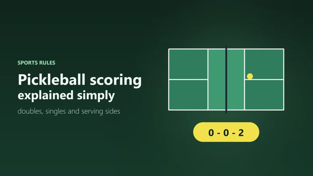 Illustration of a pickleball court seen from above with the score call 0-0-2