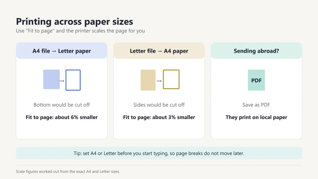 Three cards explaining how to print an A4 file on Letter paper, a Letter file on A4 paper, and why to send a PDF