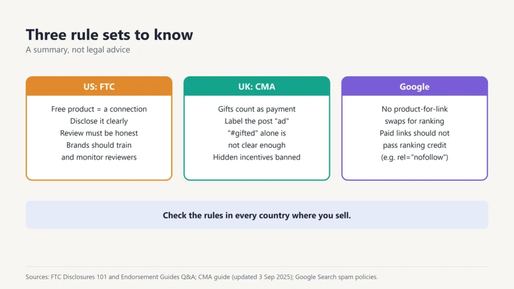 Summary of US FTC, UK CMA and Google rules for product reviews: disclose free products, label ads, no product-for-link swaps