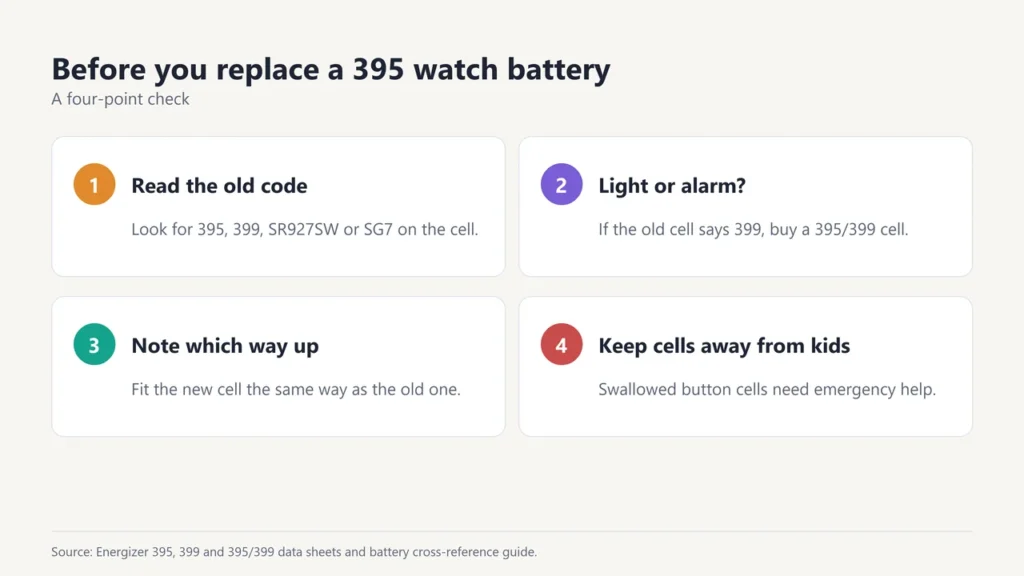 Four-point checklist before replacing a 395 battery: read the old code, choose 395/399 if the old cell says 399, fit it the same way up, keep cells away from children