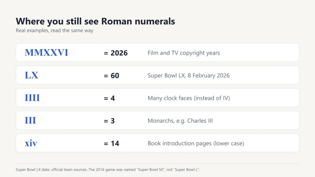 Examples of Roman numerals in daily life: MMXXVI on film credits, Super Bowl LX, IIII on clocks, Charles III and xiv for book pages