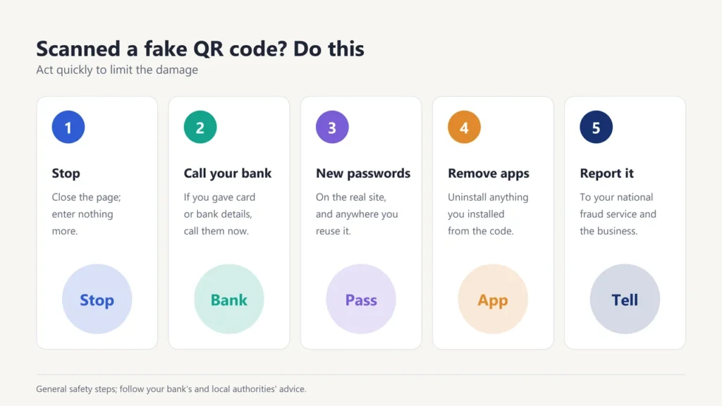 What to do after scanning a fake QR code: stop, call your bank, change passwords, remove apps, report it