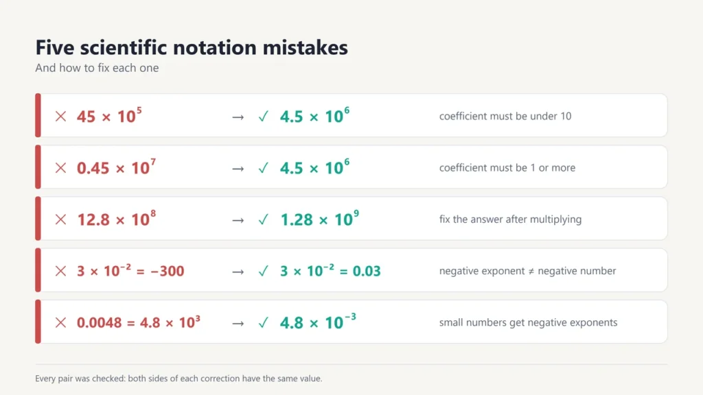 Five scientific notation mistakes with corrections, such as 45 × 10 to the 5th corrected to 4.5 × 10 to the 6th