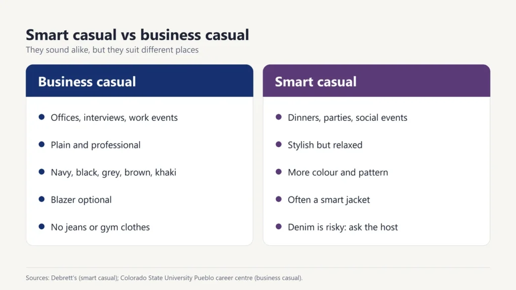 Comparison of business casual and smart casual: where each is worn, colours, jackets and jeans