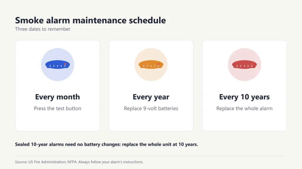 Smoke alarm maintenance schedule: test every month, replace 9-volt batteries every year, replace the alarm every 10 years