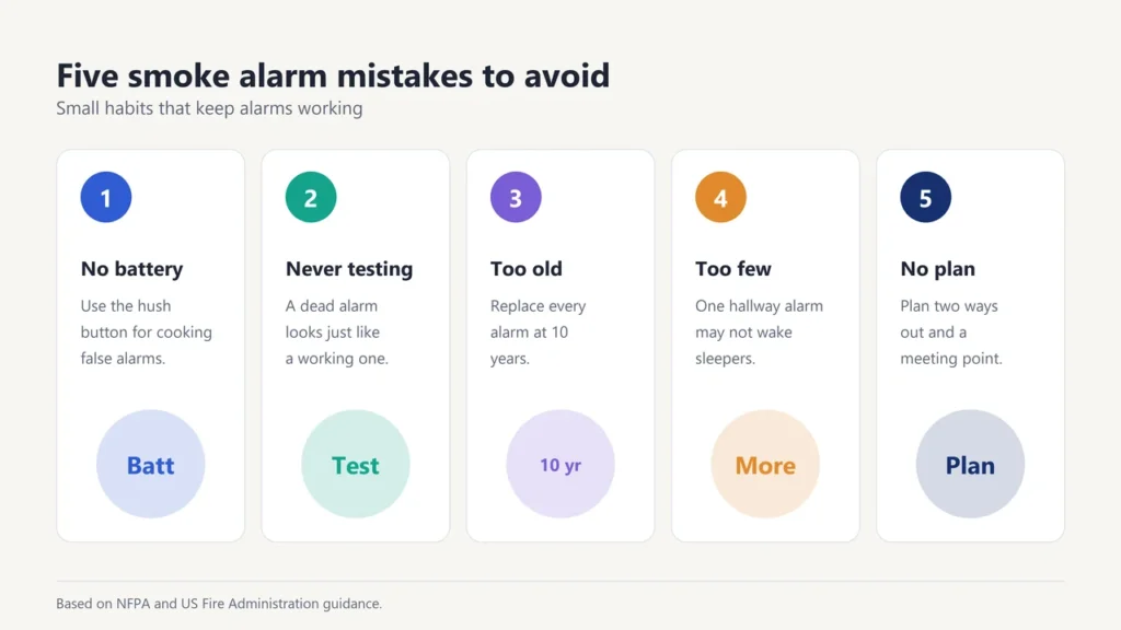 Five smoke alarm mistakes: removing the battery, never testing, keeping old alarms, too few alarms, no escape plan